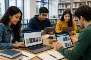 Students using a digital library to access eBooks and educational resources.