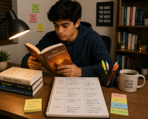 Student reading a book to improve vocabulary and language skills.