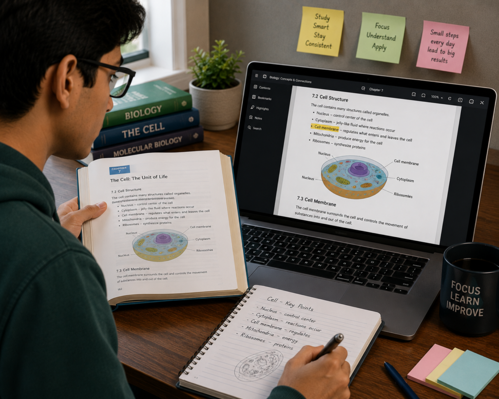 Student comparing a printed book with a digital book for studying.