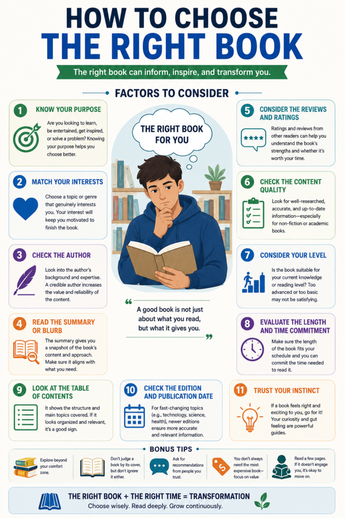 Infographic showing how to choose the right book for your reading goals.