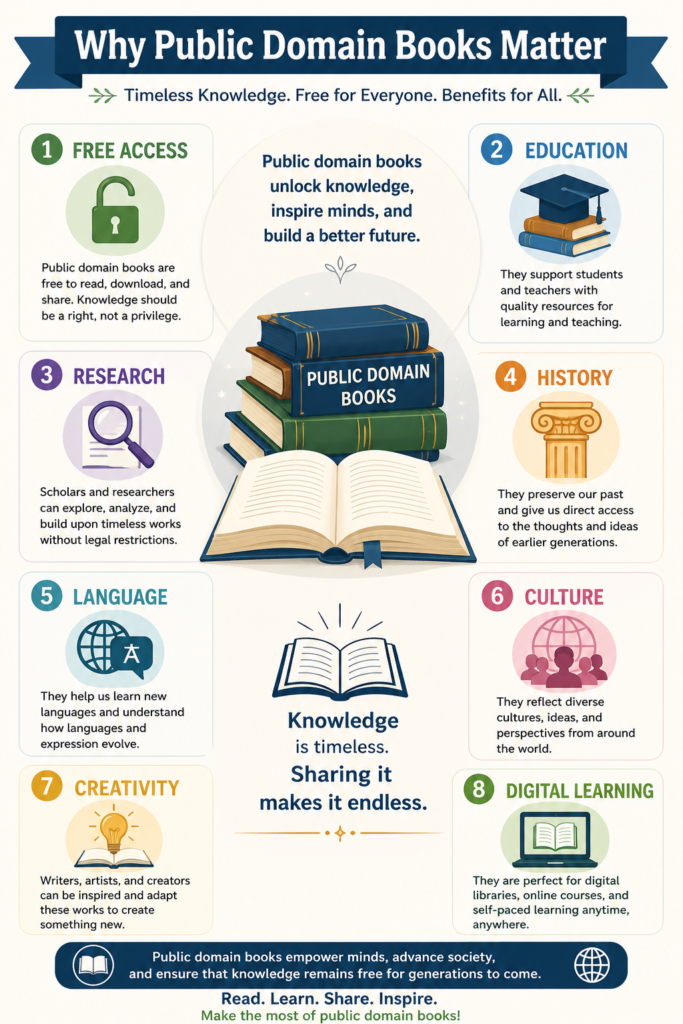 Infographic showing the educational and research benefits of public domain books.