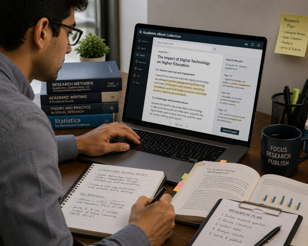 Researcher searching an e-book for academic information.