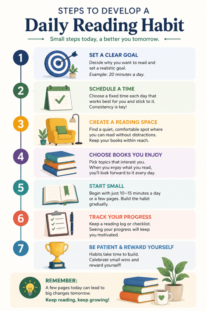 Infographic showing practical steps for developing a daily reading habit.
