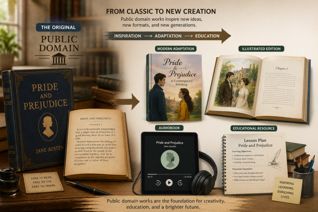 Public domain book being used as a source for new creative and educational work.