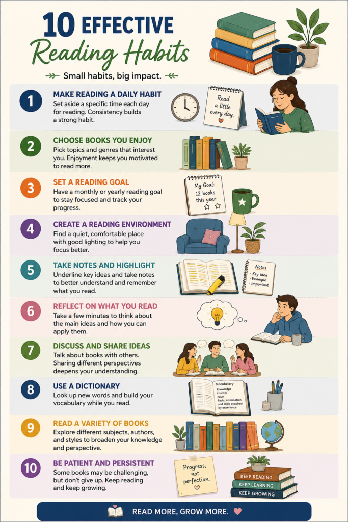 Infographic showing ten effective reading habits for students and lifelong learners
