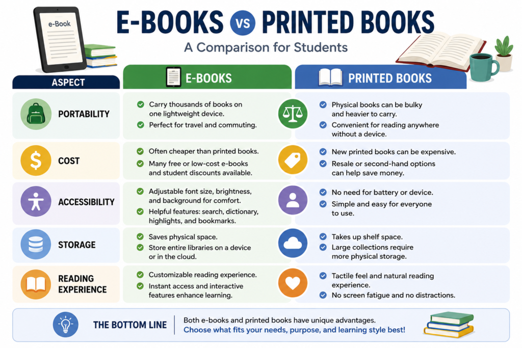 Infographic comparing the advantages of e-books and printed books.
