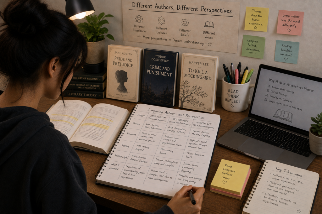 Student comparing different authors and literary perspectives while taking notes.