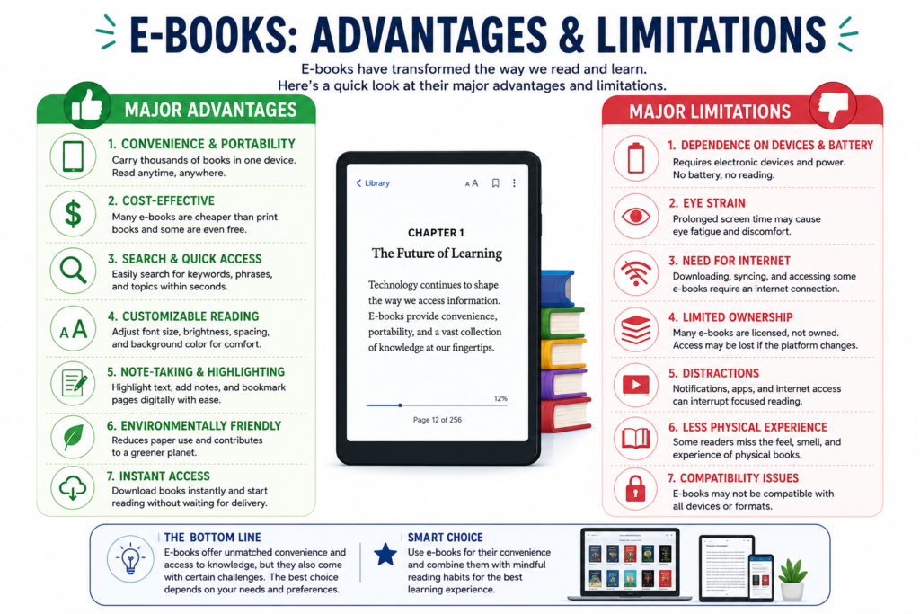 Infographic showing the advantages and limitations of e-books.
