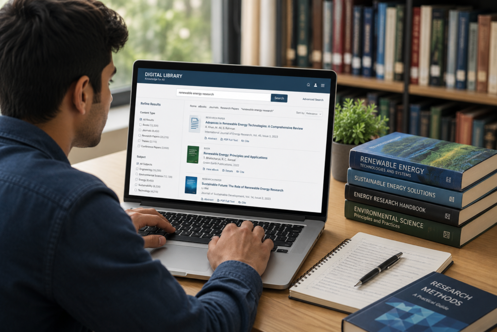 Student searching a digital library for reliable academic research sources.