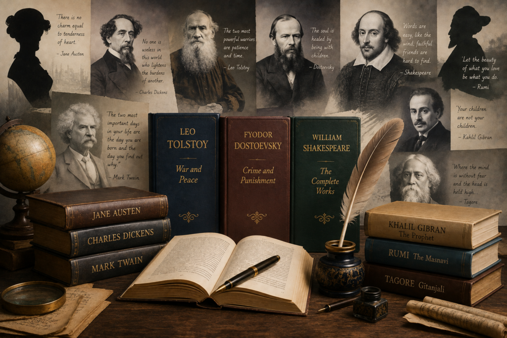Collection of books representing famous authors who influenced literature and readers.