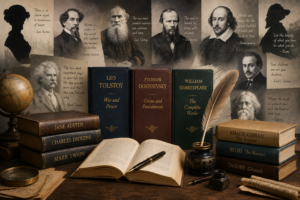 Collection of books representing famous authors who influenced literature and readers.