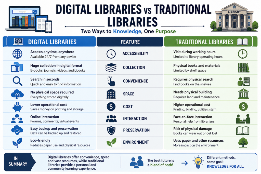 An infographic comparing digital and traditional libraries.