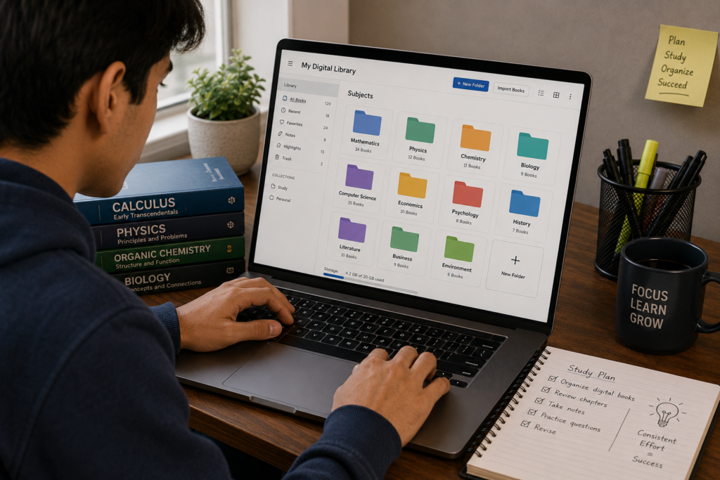 Student organizing e-books into digital folders by subject