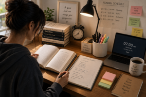 Student following a productive reading routine with a book and study planner
