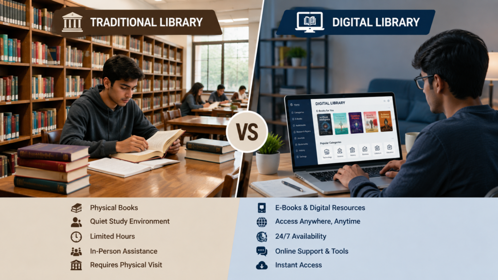 A student using a laptop at home while another studies in a physical library.