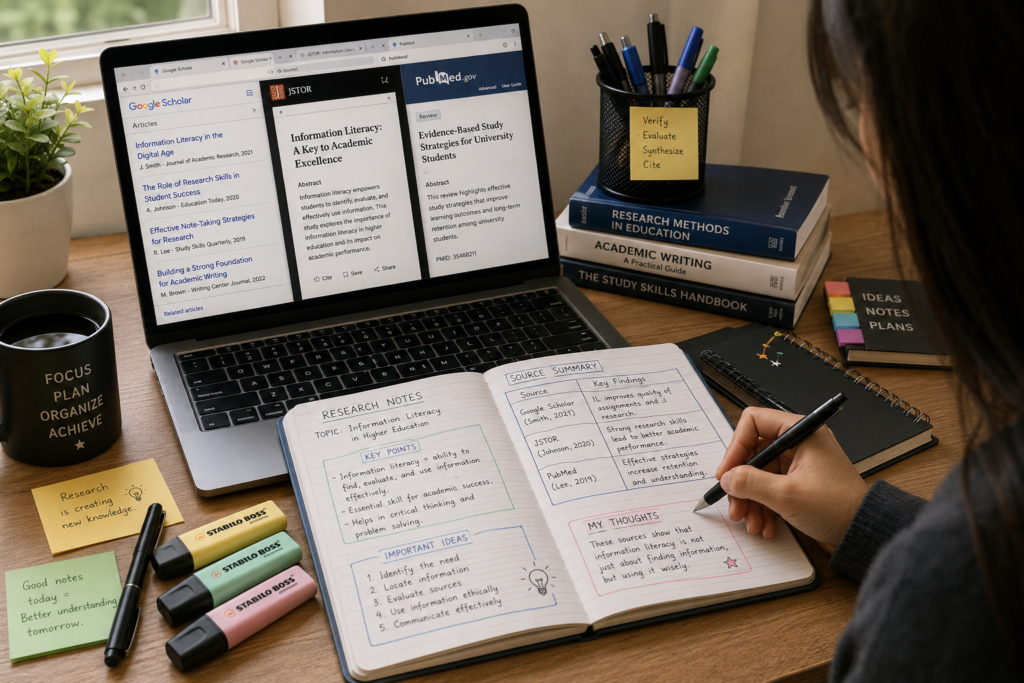 Student organizing research notes and academic sources.