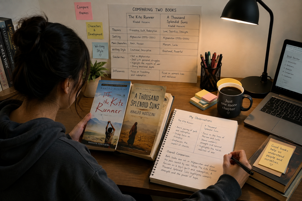 Student comparing two books while preparing a detailed book review.