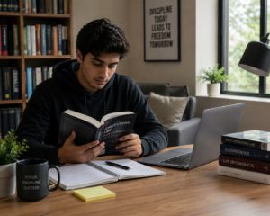 Student developing a daily reading habit in a comfortable study environment