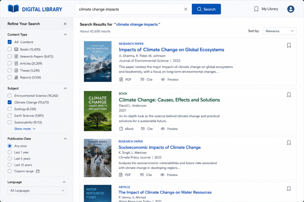 Digital library search page showing keyword and filter options.
