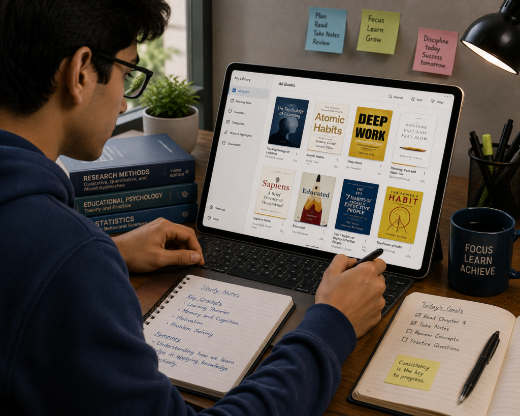 Student using e-books for study and learning.
