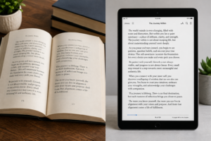 Comparison of an e-book on a tablet and a printed book.