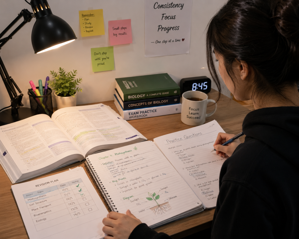 Student reviewing notes and practice questions during study.