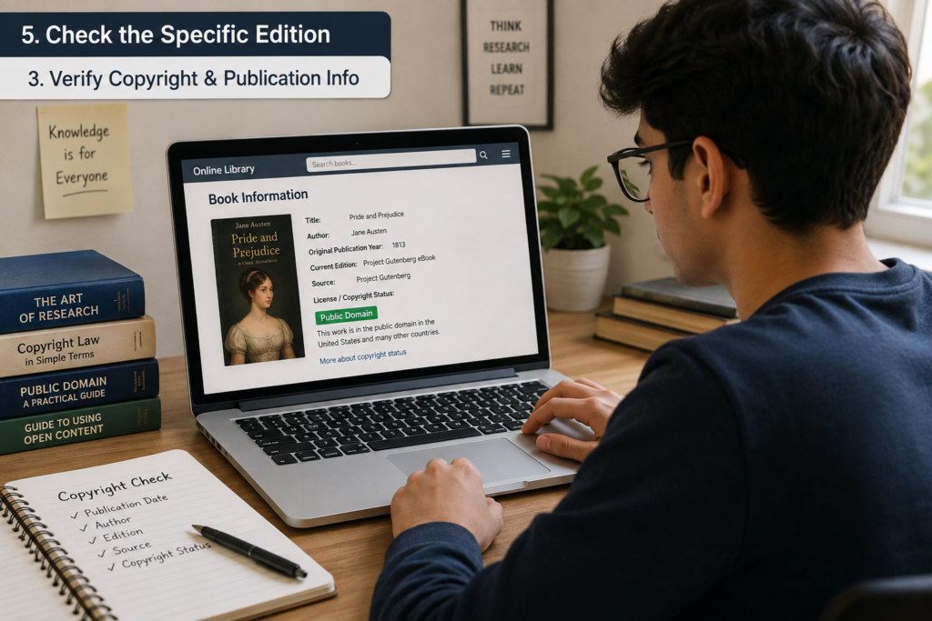 Student checking the copyright and publication information of a public domain book.