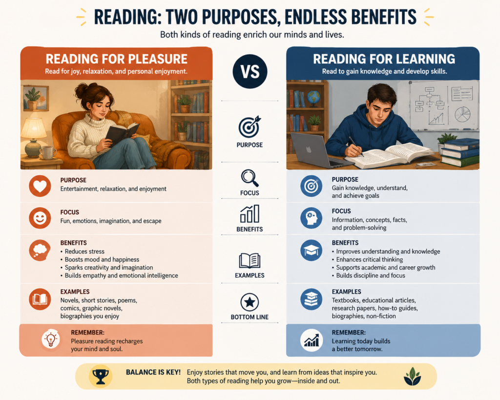 Infographic comparing reading for pleasure and reading for learning.