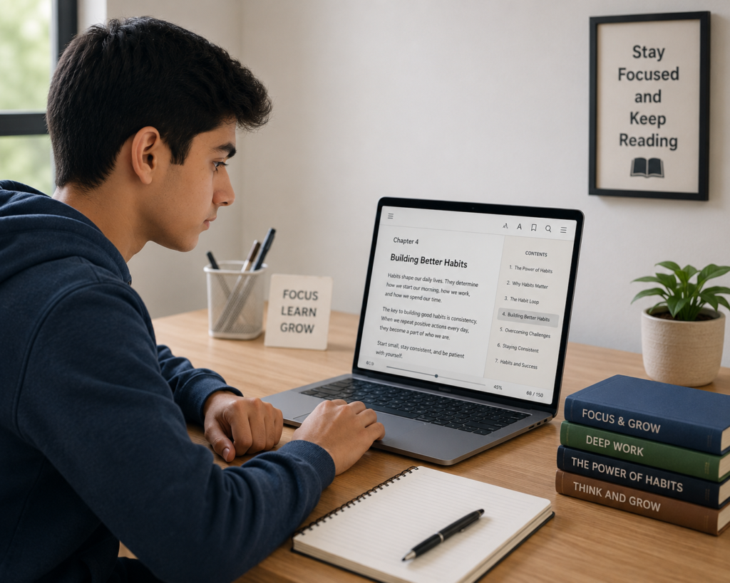 Student reading an e-book in a focused and distraction-free study environment.