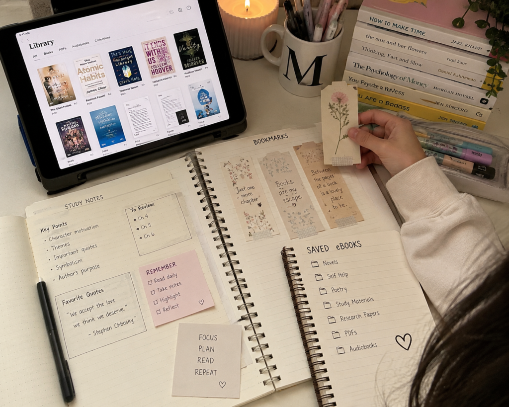 Student organizing digital library resources for study and research.