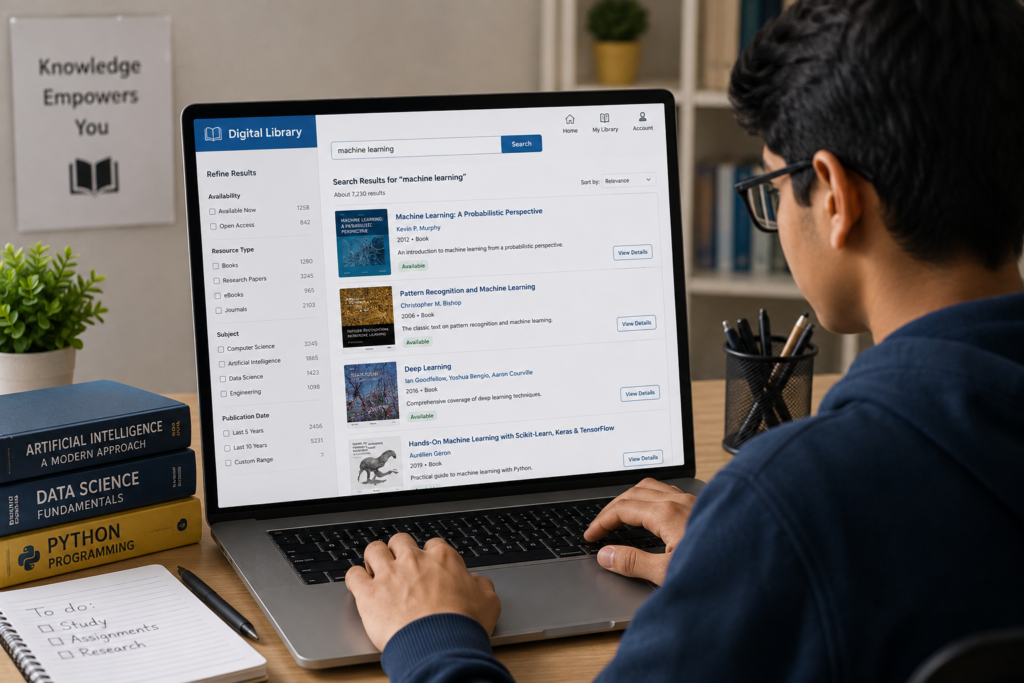 Student searching a digital library for suitable books.