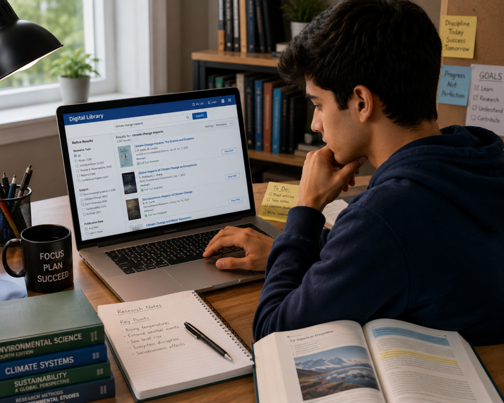 Student using a digital library to find academic and educational resources.