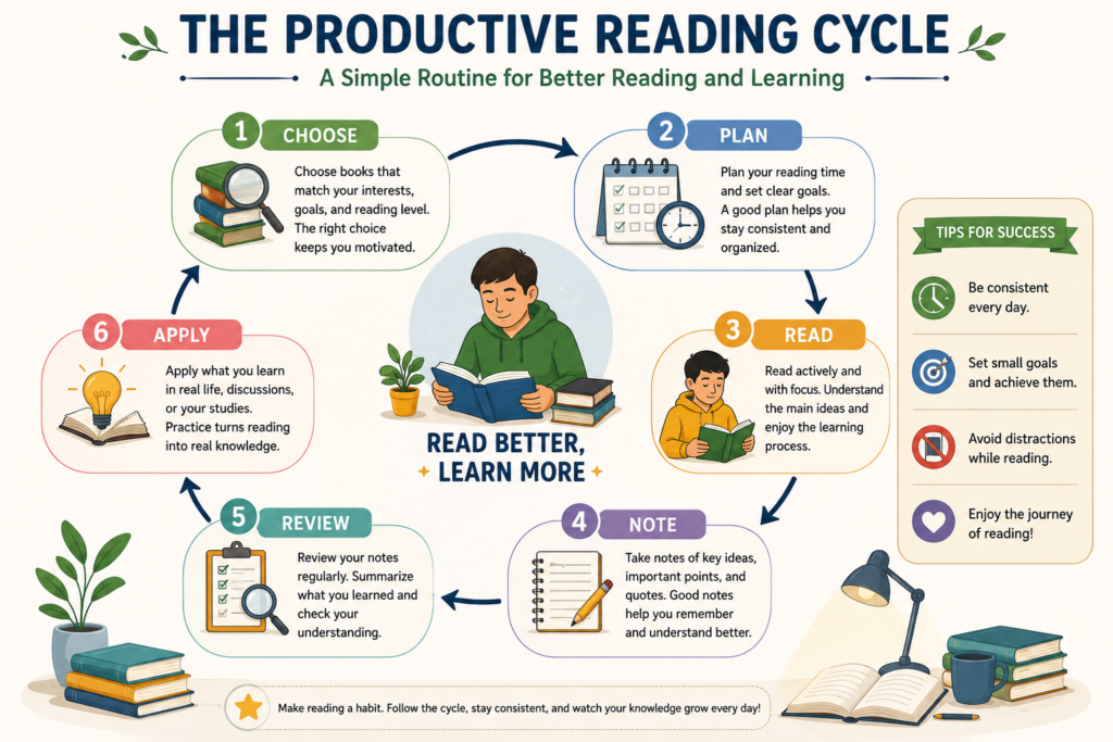 Infographic showing the steps of a productive reading routine.