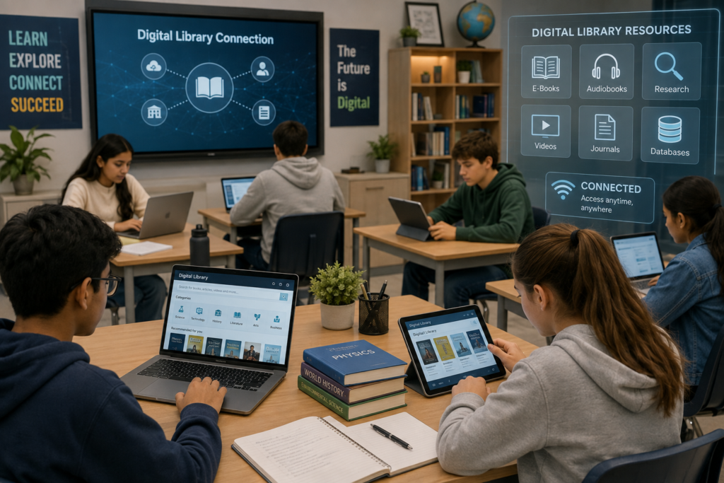 Students using digital libraries to improve learning in a modern classroom.