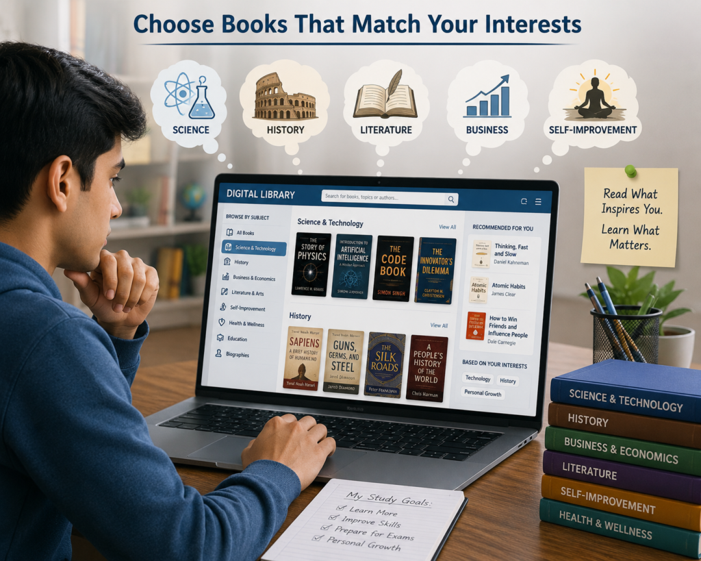 Student selecting books based on personal interests and study goals.