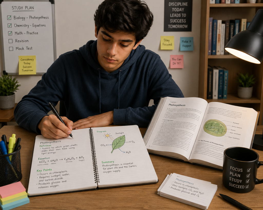 Student studying an educational book and taking notes.