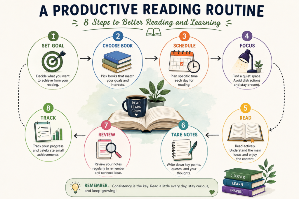 Infographic showing the steps for creating a productive reading routine.