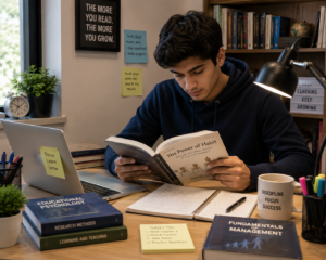 Student reading educational material to improve learning and academic skills.