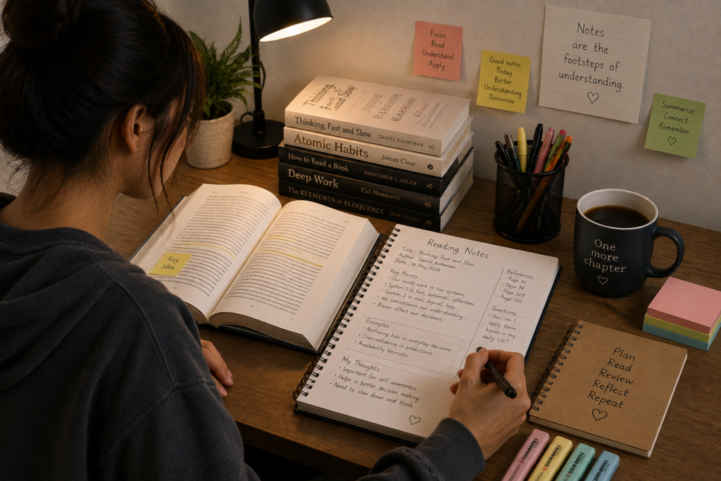 Student taking organized notes while reading a book for study.