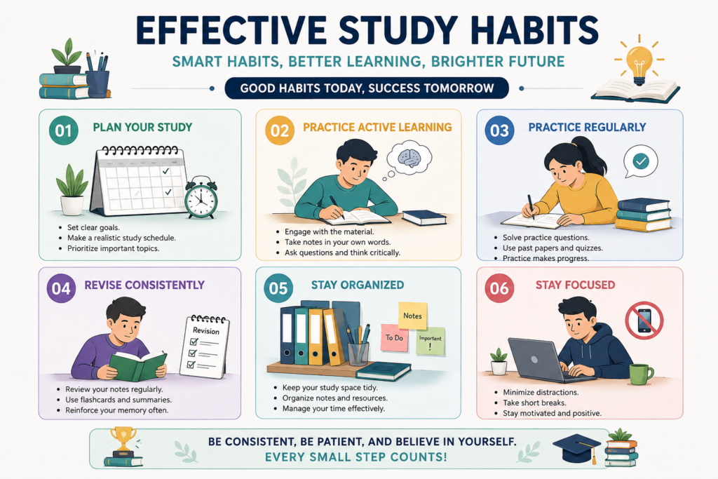Infographic showing effective study habits for students.