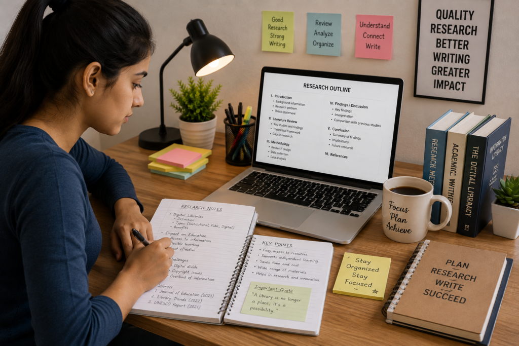 Student reviewing research notes before writing an academic assignment.