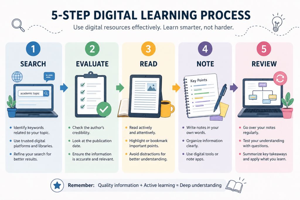 Infographic showing five steps for using digital resources effectively for learning.