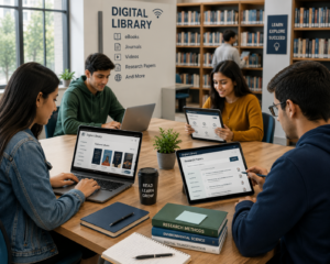 Students accessing digital library resources on laptops and tablets.