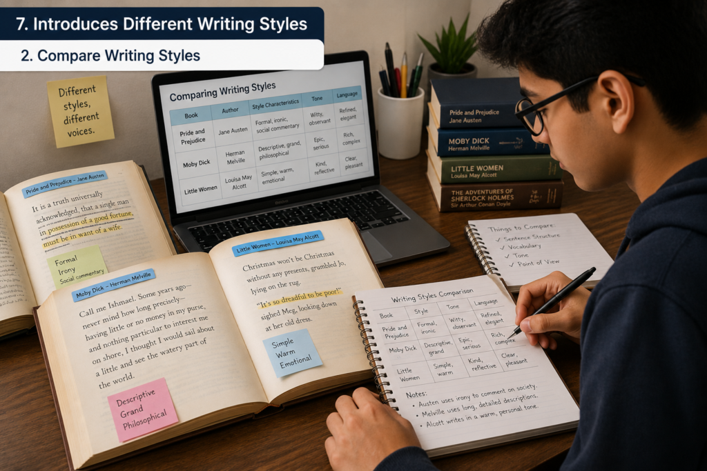 Student comparing different writing styles in public domain books.