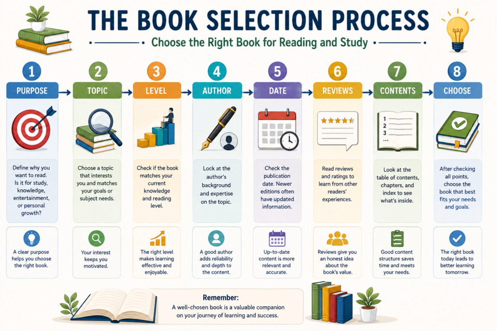 Infographic showing key steps for choosing the right book for reading and study.