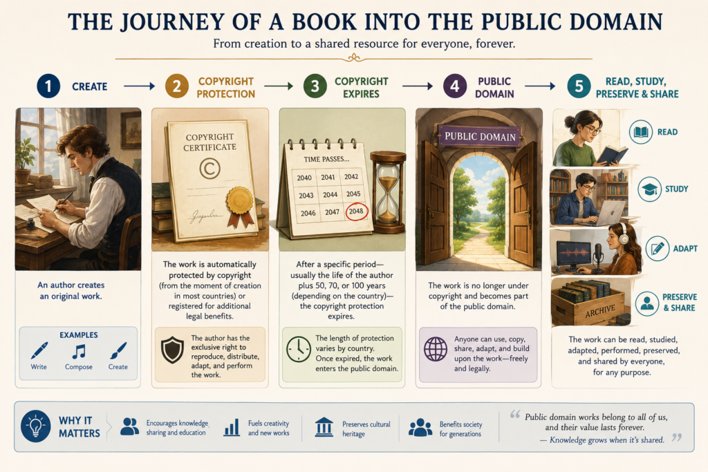 Infographic explaining how a book can move from copyright protection into the public domain.