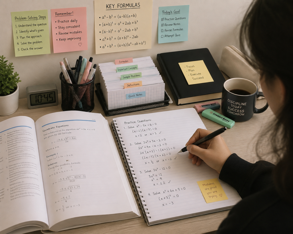 Student practicing problem-solving with notes and study materials.