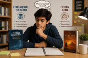Student choosing between reading for learning and reading for pleasure.