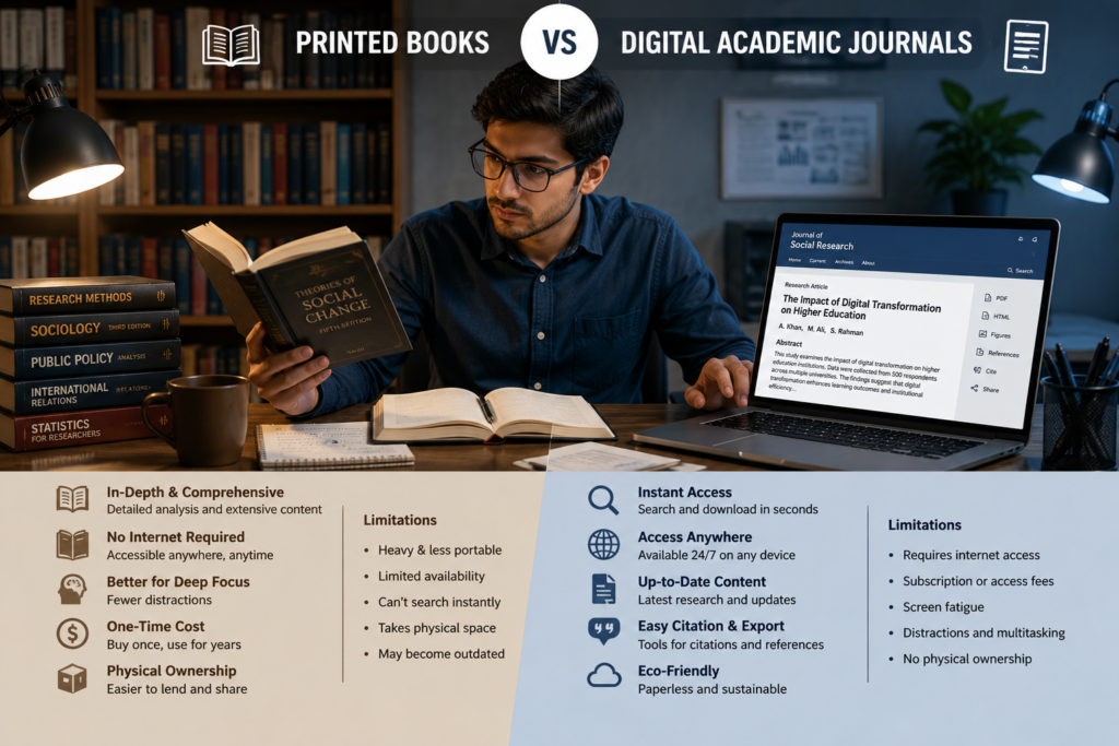 A researcher comparing printed books with digital academic journals.