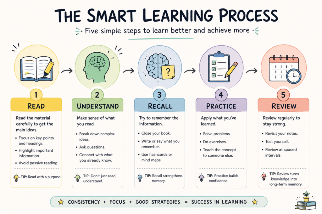 Infographic showing five practical steps for improving learning skills.